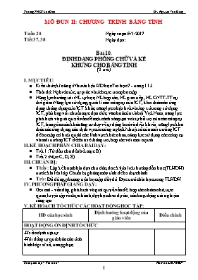 Kế hoạch dạy học Tin học 7 - Tiết 37+38, Bài 10 Định dạng phông chữ và kẻ khung cho bảng tính (2 tiết) - Năm học 2016-2017 - Nguyễn Văn Dũng